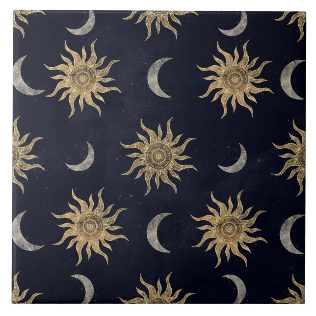 Carreau Gold Moon Sun Mandala Blue Night Sky Motif (Devant)