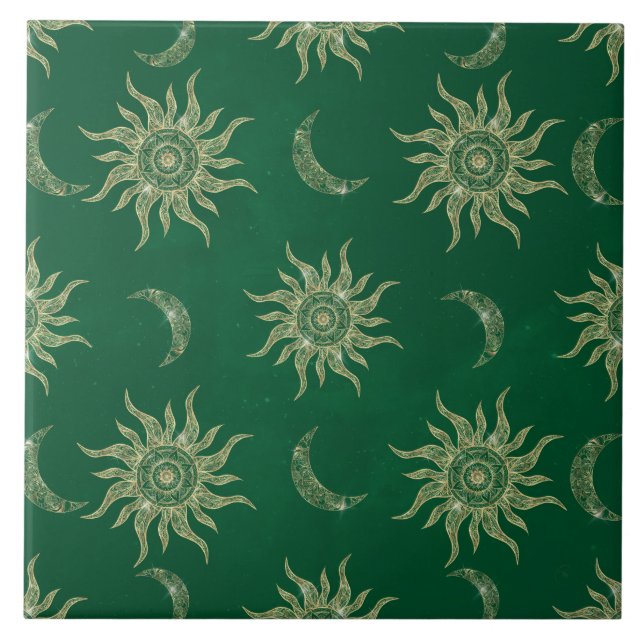 Carreau Gold Moon Sun Mandala Green Motif (Devant)