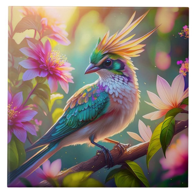 Carreau Golden Crested Green Headed Finch Imaginaire Oisea (Devant)