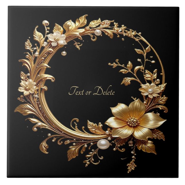 Carreau Golden Floral Ornate Frame Ceramic Tile (Devant)