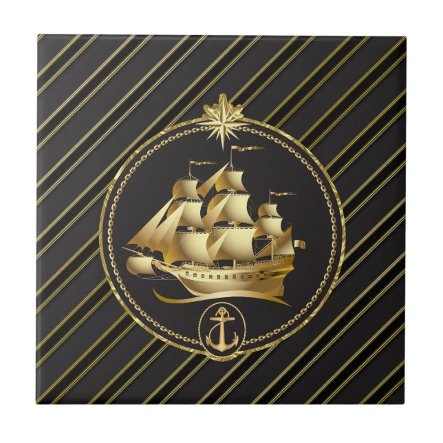 Carreau Golden Metallic Sailing Ship & Ancre Gold Stripes (Devant)