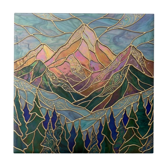 Carreau Golden Mountain Peaks Forest Stained Glass Art (Devant)