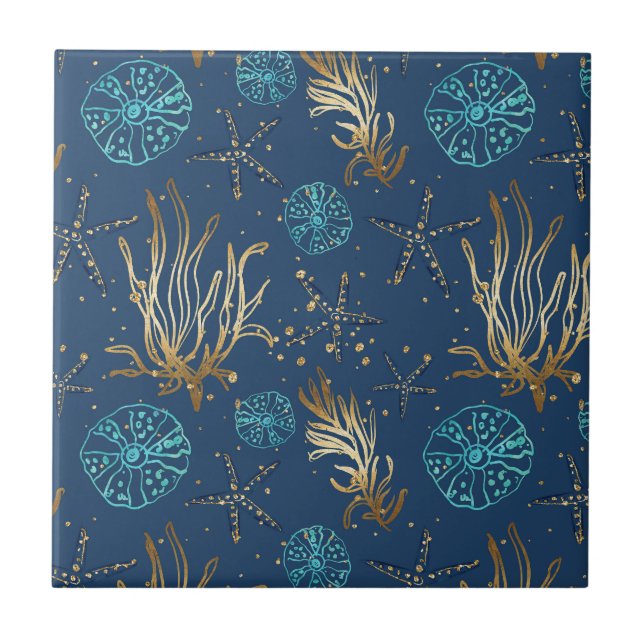 Carreau Golden Starfish & Coral Reef Motif sur Blue (Devant)