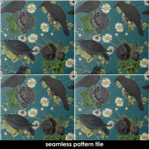 Carreau Goth Crows Roses noirs Profond Turquoise Motif san