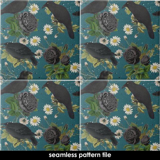 Carreau Goth Crows Roses noirs Profond Turquoise Motif san (Black Crows & Roses Deep Teal Seamless Pattern Ceramic Tile)