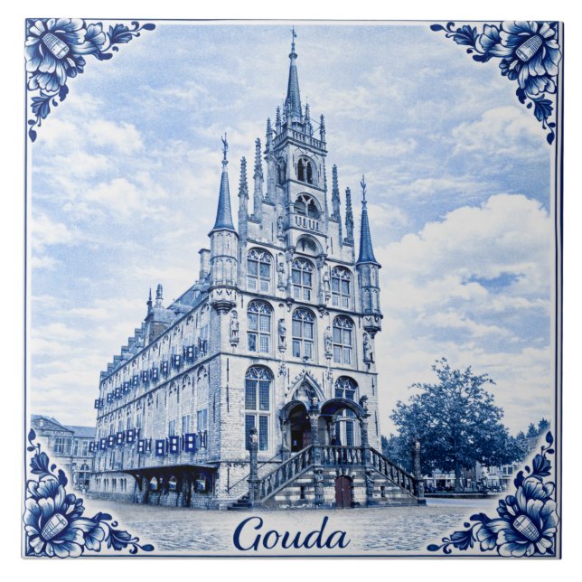 Carreau Gouda town hall Delft Blue style ceramic tile (Devant)