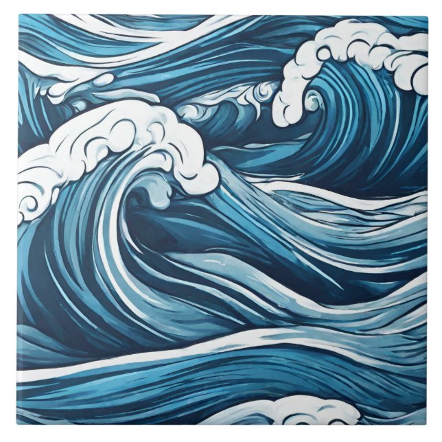 Carreau Grand Océan Bleu Foamy, Vagues de Mer Abstrait (Devant)