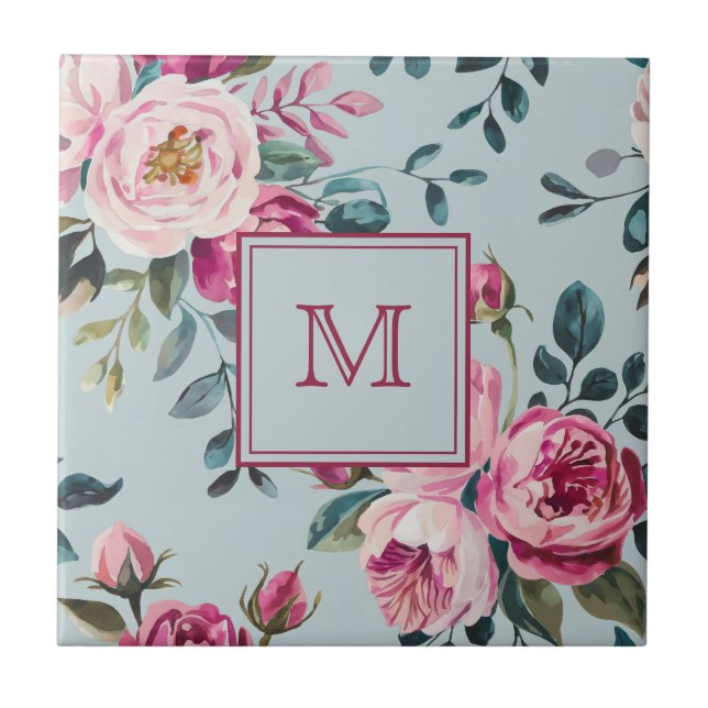 Carreau Grandmillennial Rose Poussiéreuse Florale Monogram (Devant)