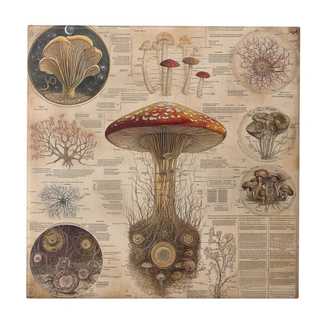 Carreau Graphique botanique de champignons vintage (2) (Devant)