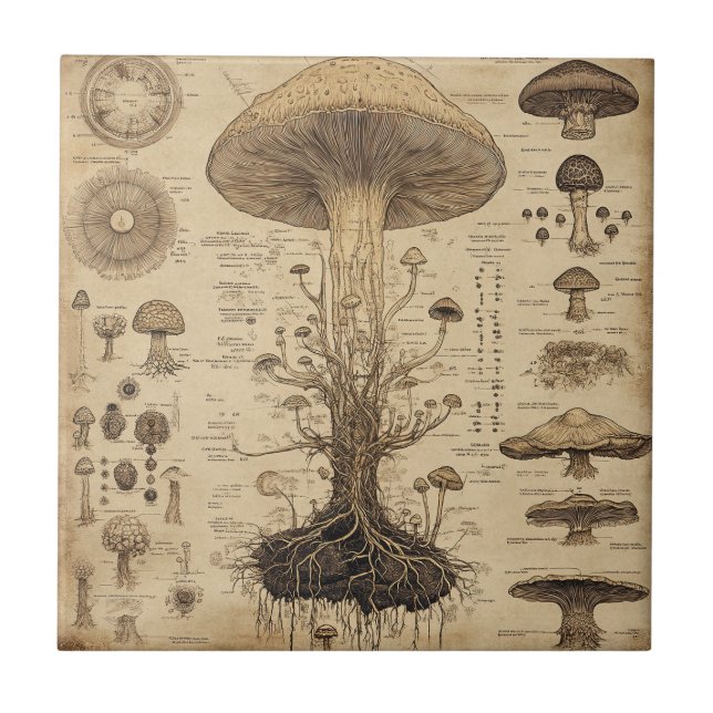 Carreau Graphique botanique de champignons vintage (5) (Devant)