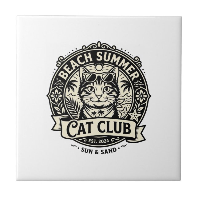 Carreau Graphisme de chat drôle d'été de plage - Été de pl (Devant)