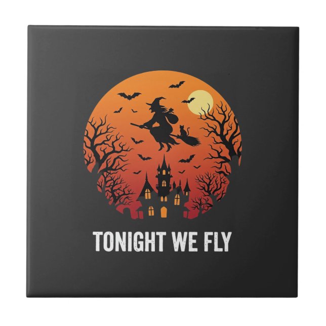 Carreau Graphisme de sorcière d'Halloween volant la nuit_1 (Devant)