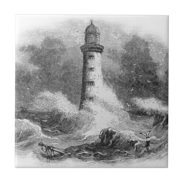 Carreau Gravure à l'eau-forte noire et blanche de phare (Devant)