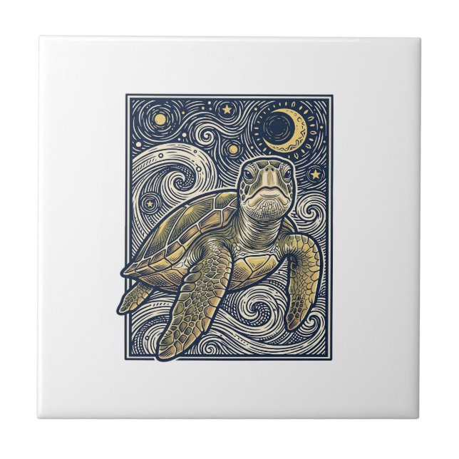 Carreau Gravure ancienne tortue marine nuit étoilée (Devant)