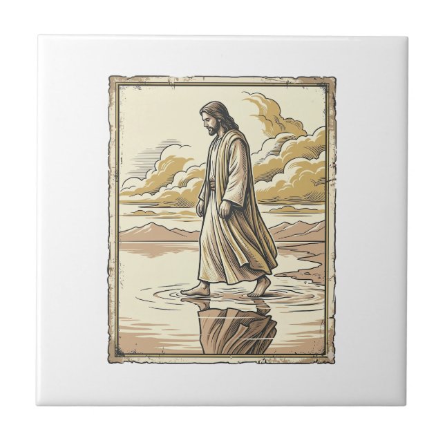 Carreau Gravure de marche spirituelle vintage dans l'eau (Devant)
