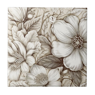Carreau Gravure florale botanique sépia vintage sur ivoire