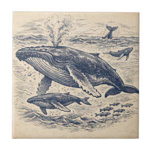 Carreau Gravure vintage de groupe de baleines à bosse