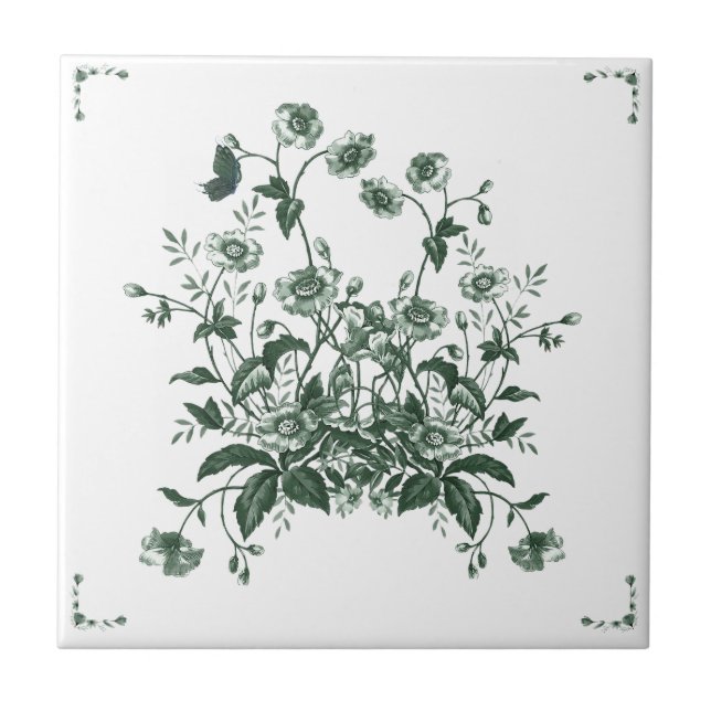 Carreau Green Flower Bush Toile Inspired Decorative Tile (Devant)