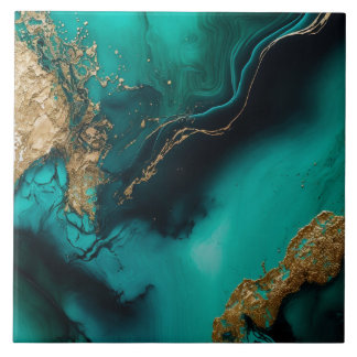 Carreau Green Gold Glitter Marbled Agate Ceramic