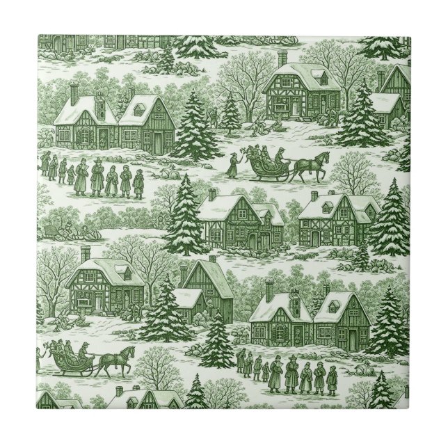 Carreau Green Toile Vintage Christmas Village Pattern (Devant)