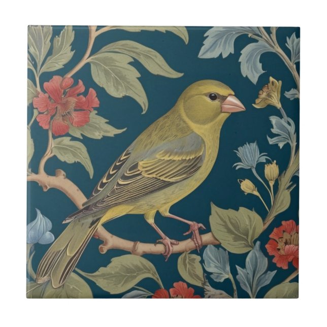 Carreau Greenfinch William Morris style R Green Finch Bird (Devant)