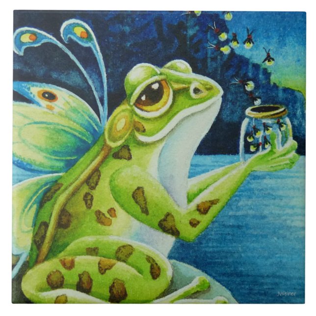 Carreau Grenouille et lucioles de fée de Whimsical Aquarel (Devant)