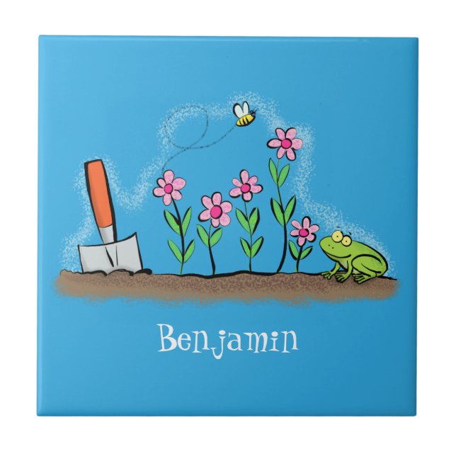 Carreau Grenouille mignonne et abeille dans le jardin dess (Devant)