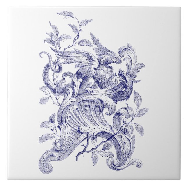 Carreau Griffin Bleu Et Blanc Sur Rococo Baroque Rocaille (Devant)