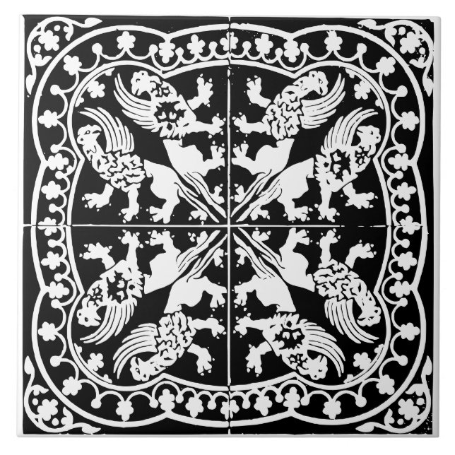 Carreau Griffon Wyvern Créature Médiévale Noir Blanc Antiq (Devant)