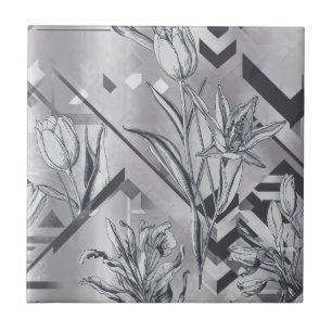 Carreau Gris Charbon Floral Gravure et Zigzag