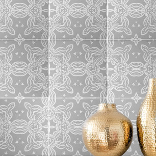 Carreau Gris Clair Et Blanc Orné Élégant Modèle Damas