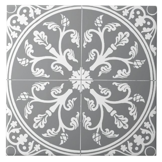 Carreau Gris et Blanc Cercle Abstrait Botanique Vintage (Devant)