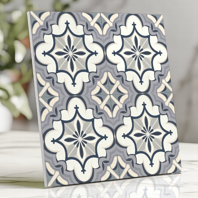 Carreau Gris et Crème Floral Géométrique (Créateur téléchargé)