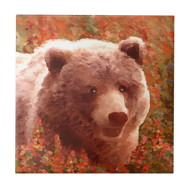 Carreau Grizzly Bear Cub dans Fireweed Peinture Art de la  (Devant)