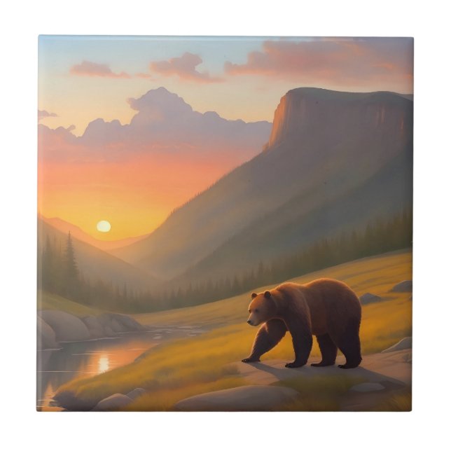 Carreau Grizzly Bear Sunset Forest Cabine Lodge (Devant)