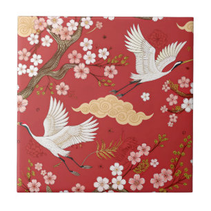 Carreau Grue couronnée rouge motif Sakura (2)