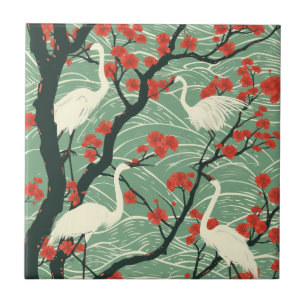 Carreau Grue Japonaise et Fleur de Cerisier - Art Oriental