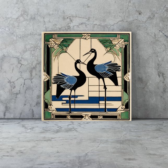 Carreau Grues d'oiseaux dans le lac Art déco Art nouveau (birds tiles are a vintage Art Deco style with cranes in blue and green geometric style)