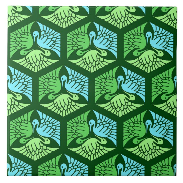Carreau Grues japonaises, Jade Green et Bleu clair  (Devant)