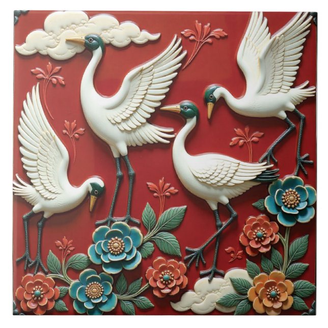 Carreau Grues reposant sur des branches florales (Devant)