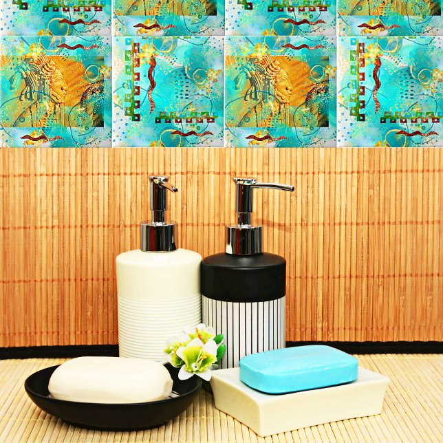 Carreau Guerrier maya Turquoise & Ciel bleu doré (Créateur téléchargé)