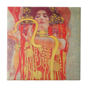 Carreau Gustav Klimt Femme Rouge Peinture de Serpent en Or