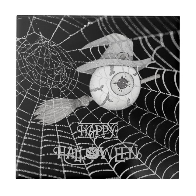Carreau Halloween balai sorcière, globe oculaire effrayant (Devant)