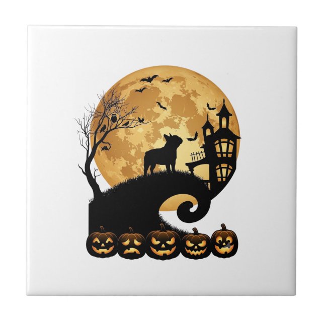Carreau Halloween Bouledogue Français Lune Citrouilles Squ (Devant)