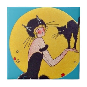 Carreau Halloween chat fille et chat noir