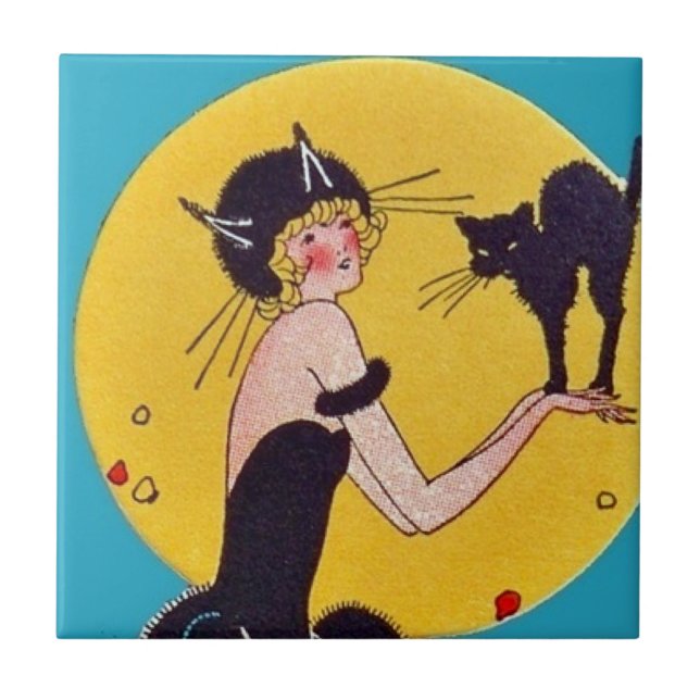 Carreau Halloween chat fille et chat noir (Devant)