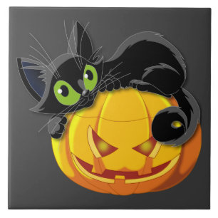 Carreau Halloween chat noir sur le citrouille