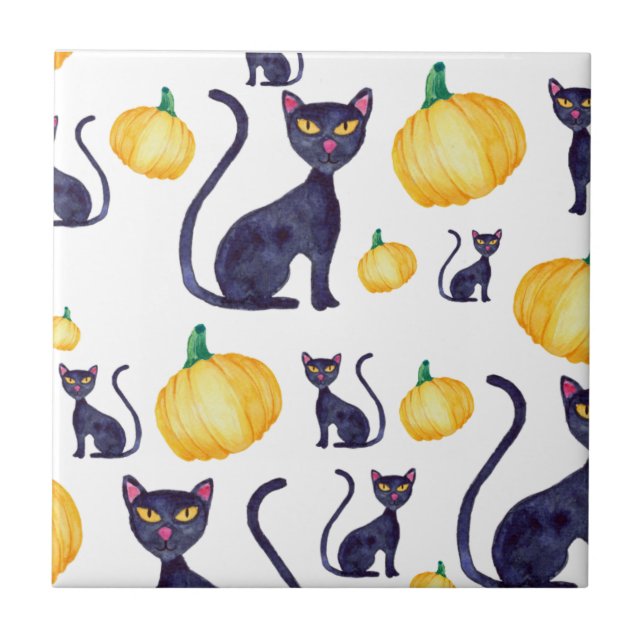 Carreau Halloween Chats Noirs Et Citrouilles Oranges (Devant)