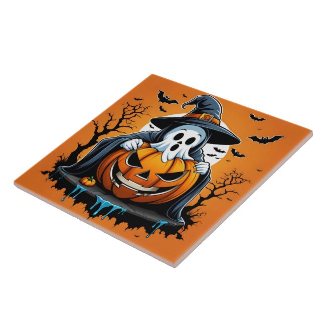 Carreau Halloween fantôme avec citrouille sous ciel éffray (Côté)
