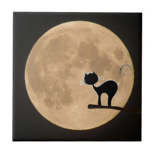 Carreau Halloween gothique chat noir avec pleine lune